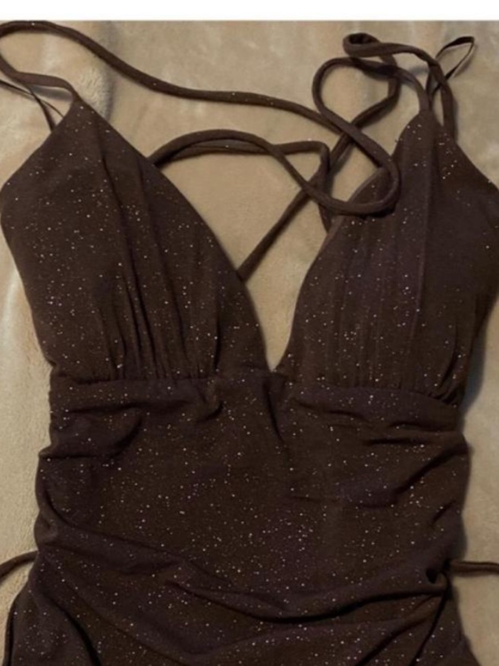 Windsor Brown Glitter Maxi Dress with Strappy Plunge Neck Sz S